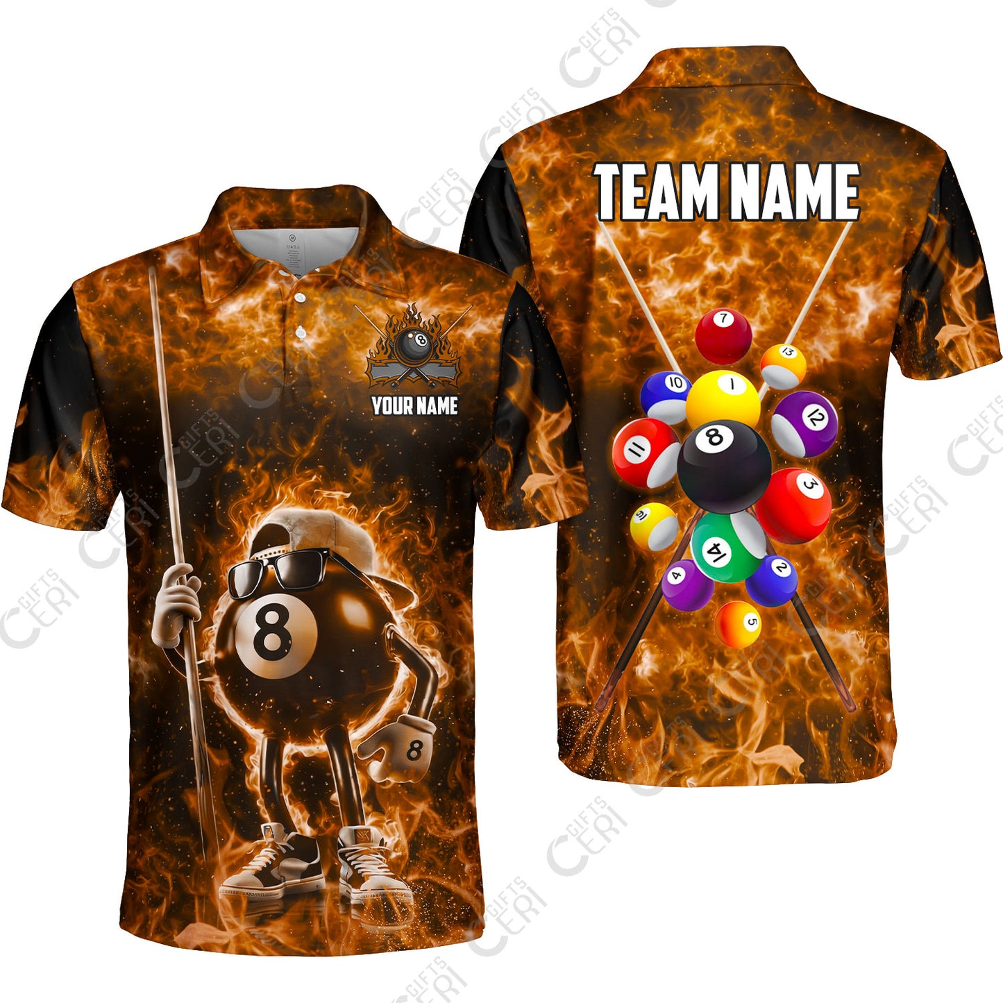 Customized 8 Ball Pool Unisex Polo Shirt, 8-Ball Wearing Cap And Sunglasses Flaming Burn, Billiard Jerseys