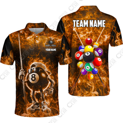 Customized 8 Ball Pool Unisex Polo Shirt, 8-Ball Wearing Cap And Sunglasses Flaming Burn, Billiard Jerseys