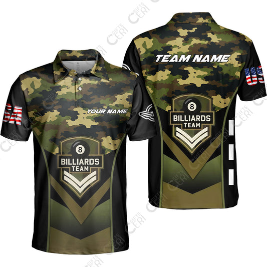 Customized 8 Ball Pool Unisex Polo Shirt, Camo Billiards Elite Billiard 8-Ball, Billiards Jerseys