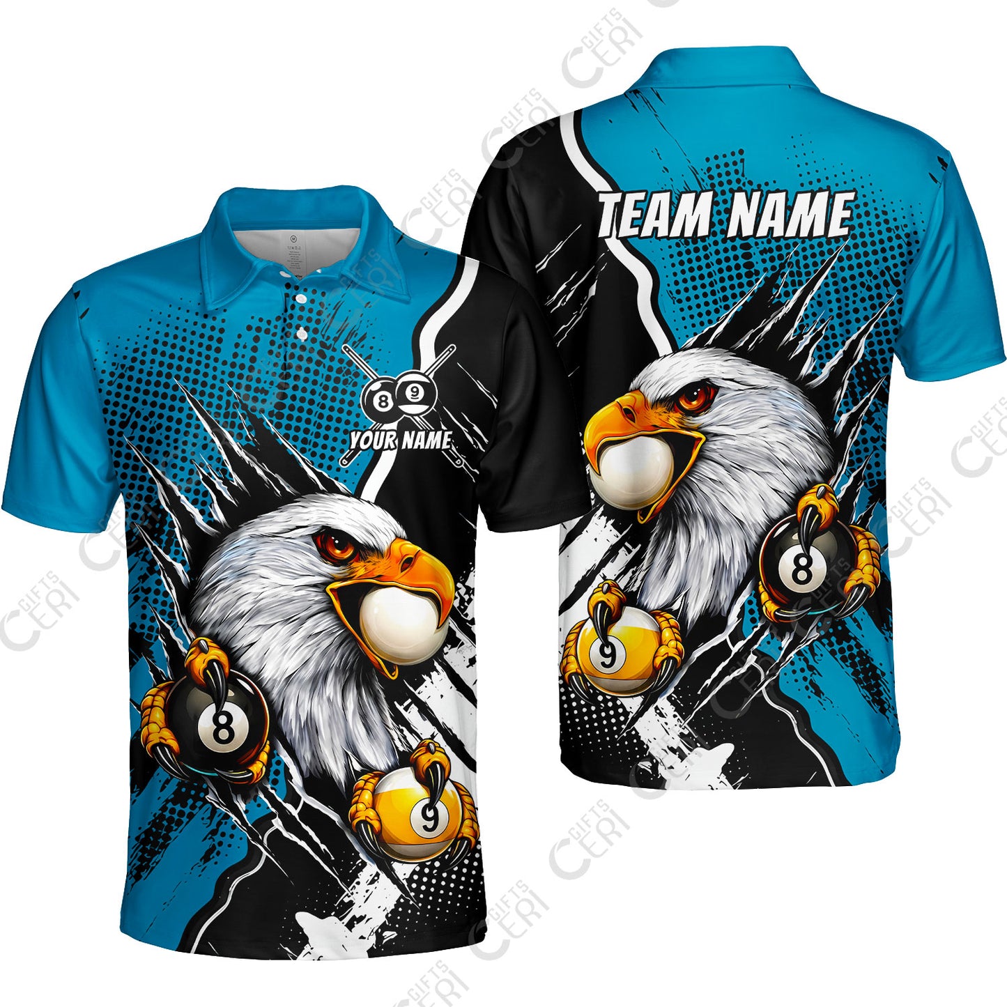Customized Billiards Unisex Polo Shirt, 8 & 9 Ball Billiard Eagle Comic Dot Halftone Background Color, Billiards Jerseys