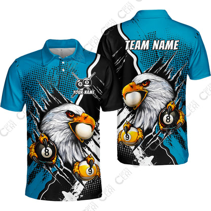 Customized Billiards Unisex Polo Shirt, 8 & 9 Ball Billiard Eagle Comic Dot Halftone Background Color, Billiards Jerseys
