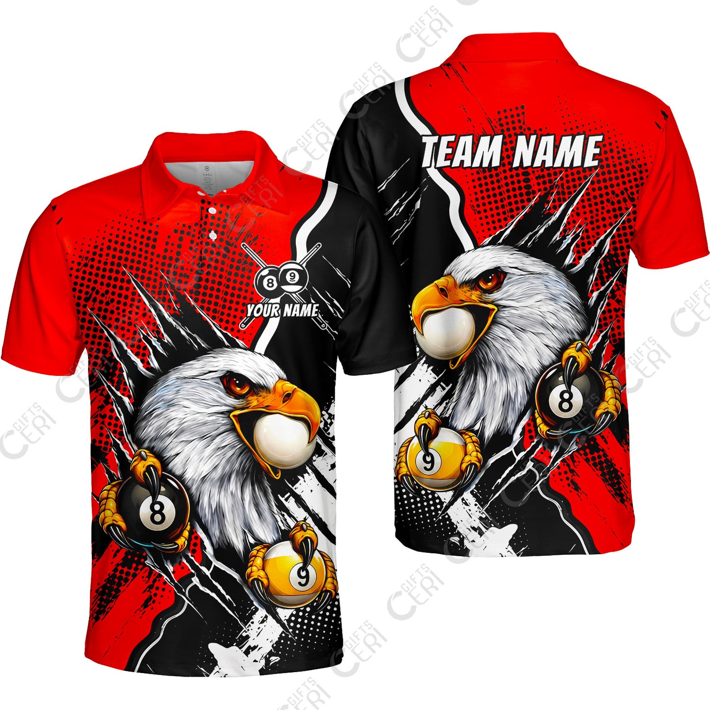 Customized Billiards Unisex Polo Shirt, 8 & 9 Ball Billiard Eagle Comic Dot Halftone Background Color, Billiards Jerseys