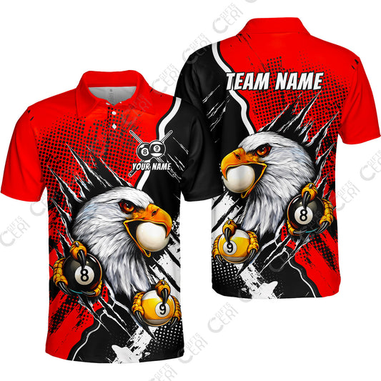 Customized Billiards Unisex Polo Shirt, 8 & 9 Ball Billiard Eagle Comic Dot Halftone Background Color, Billiards Jerseys