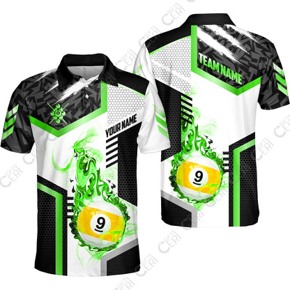 Customized 9 Ball Pool Unisex Polo Shirt, Flaming 9-Ball Graphic, Billiards Jersey