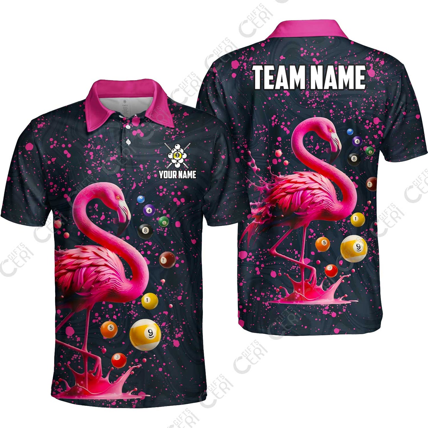 Customized 9 Ball Pool Unisex Polo Shirt, Flamingo Pink Splat Billiard 9-Ball, Billiards Jersey