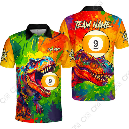 Customized 9 Ball Pool Unisex Polo Shirt, Dinosaur Colorful Splash Paint Billiard 9-Ball, Personalized Billiards Jersey