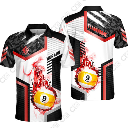 Customized 9 Ball Pool Unisex Polo Shirt, Flaming 9-Ball Graphic, Billiards Jersey