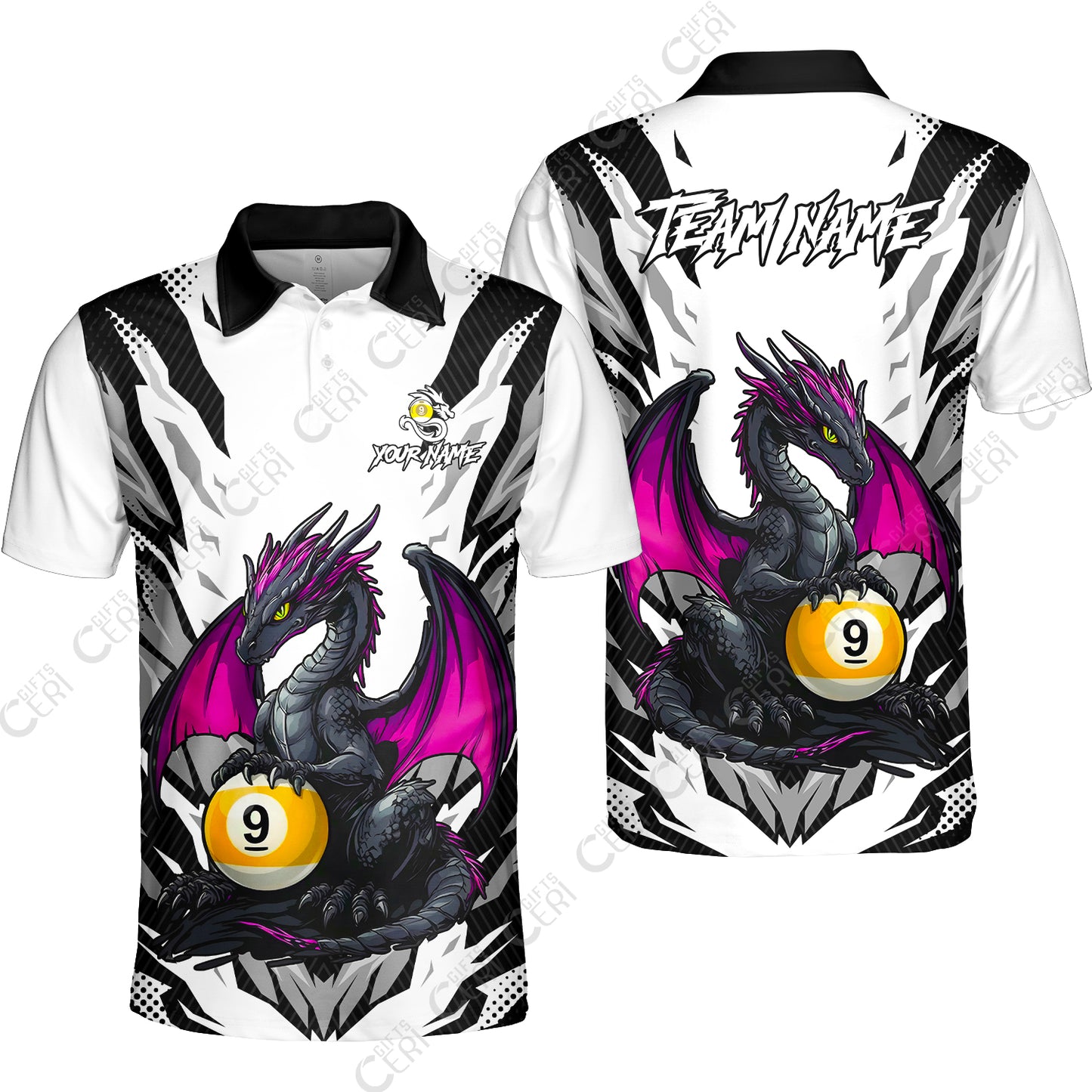 Customized Billiards Unisex Polo Shirt, Personalized Baby Dragon 9 Ball Jersey Gift For Billiard Players