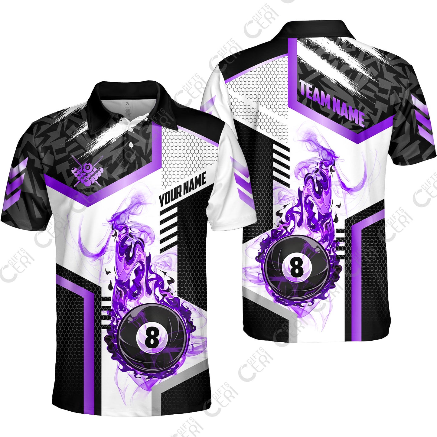 Customized Billiards Unisex Polo Shirt, Flaming 8-Ball Graphic, 8 Ball Pool Jersey