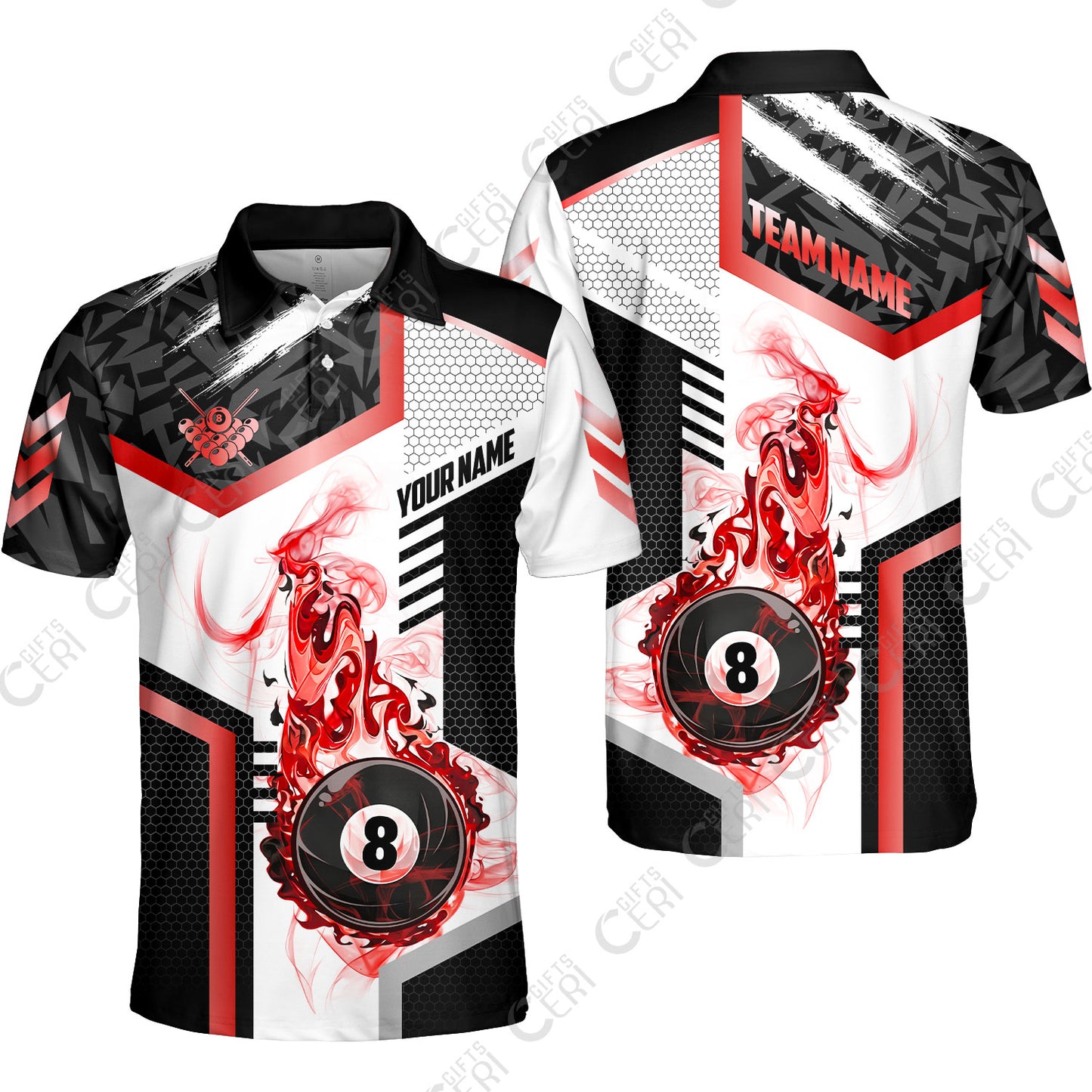 Customized Billiards Unisex Polo Shirt, Flaming 8-Ball Graphic, 8 Ball Pool Jersey