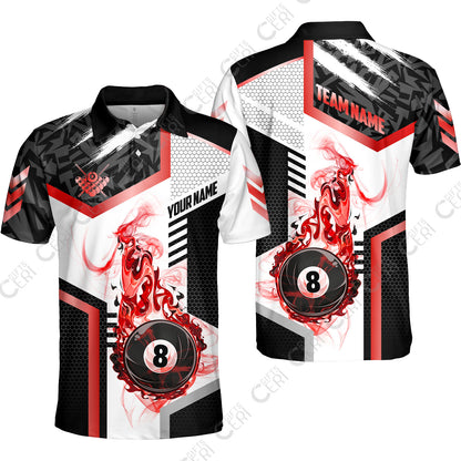 Customized Billiards Unisex Polo Shirt, Flaming 8-Ball Graphic, 8 Ball Pool Jersey
