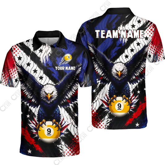 Customized 9 Ball Pool Unisex Polo Shirt, Eagle Holding Ball American Flag 9-ball, Personalized Billiards Jersey