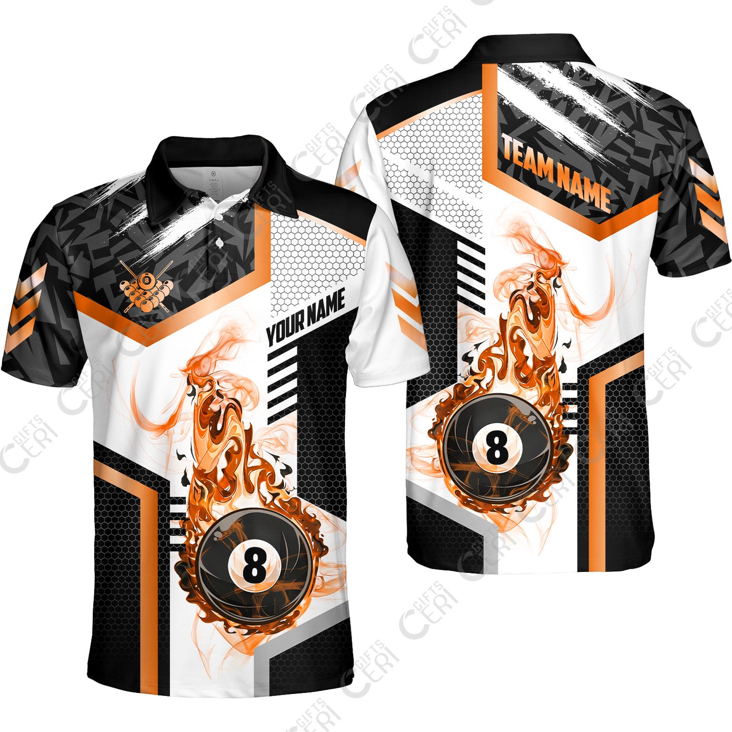 Customized Billiards Unisex Polo Shirt, Flaming 8-Ball Graphic, 8 Ball Pool Jersey