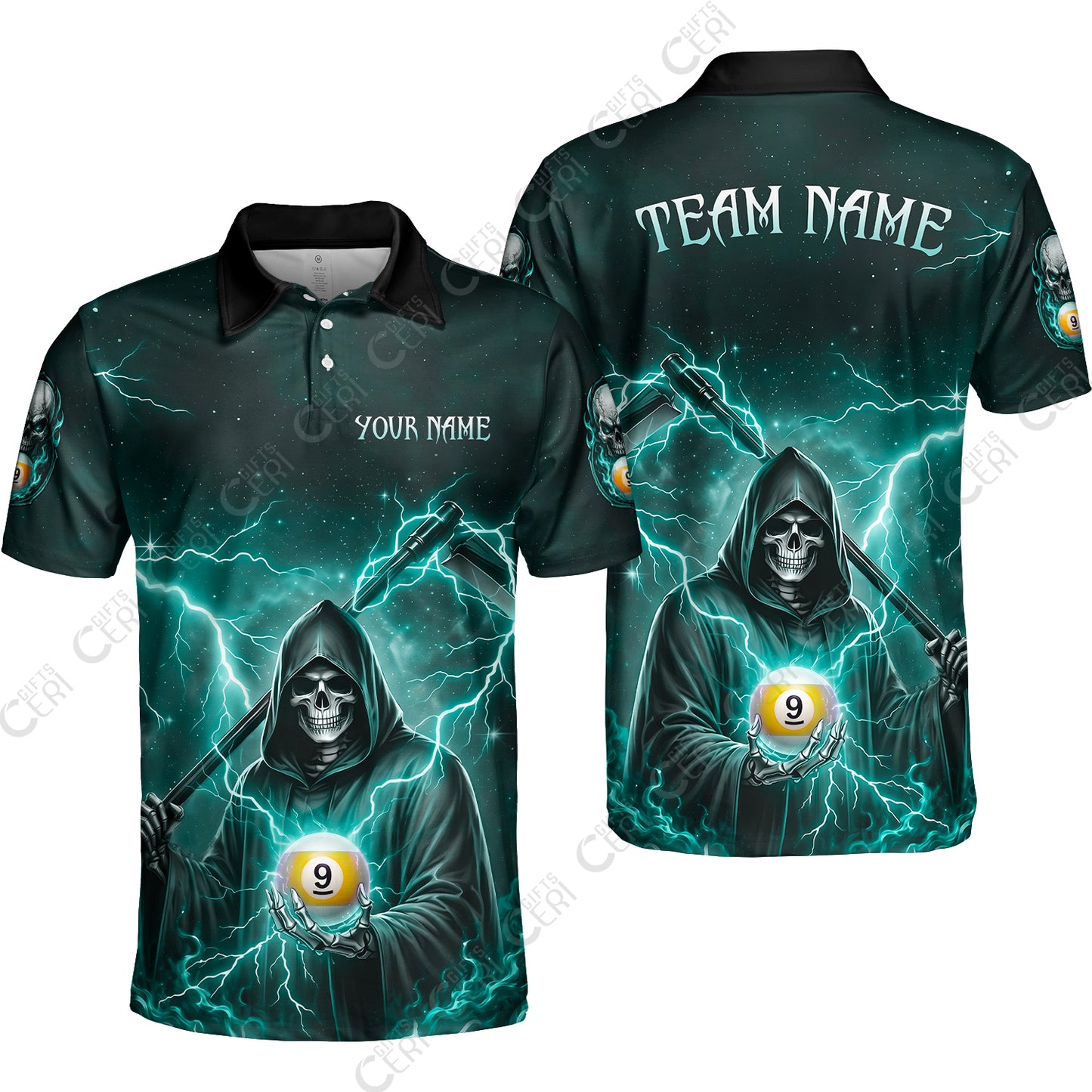 Customized 9 Ball Pool Unisex Polo Shirt, Lightning And Flame Grim Reaper With 9 Ball, Personalized Billiards Jersey