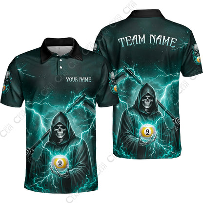 Customized 9 Ball Pool Unisex Polo Shirt, Lightning And Flame Grim Reaper With 9 Ball, Personalized Billiards Jersey