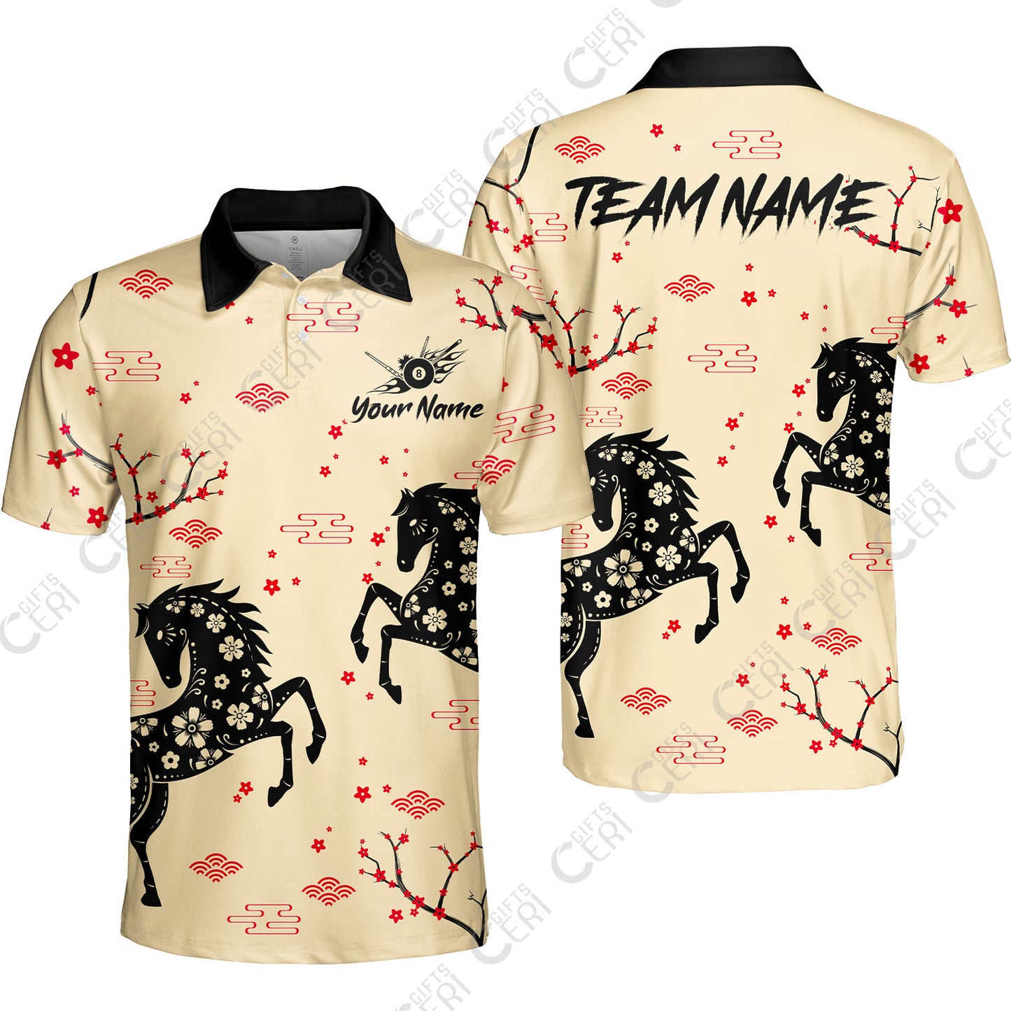 Customized 8 Ball Pool Unisex Polo Shirt, Floral Pattern Horse Cherry Blossom, Personalized Billiards Jersey