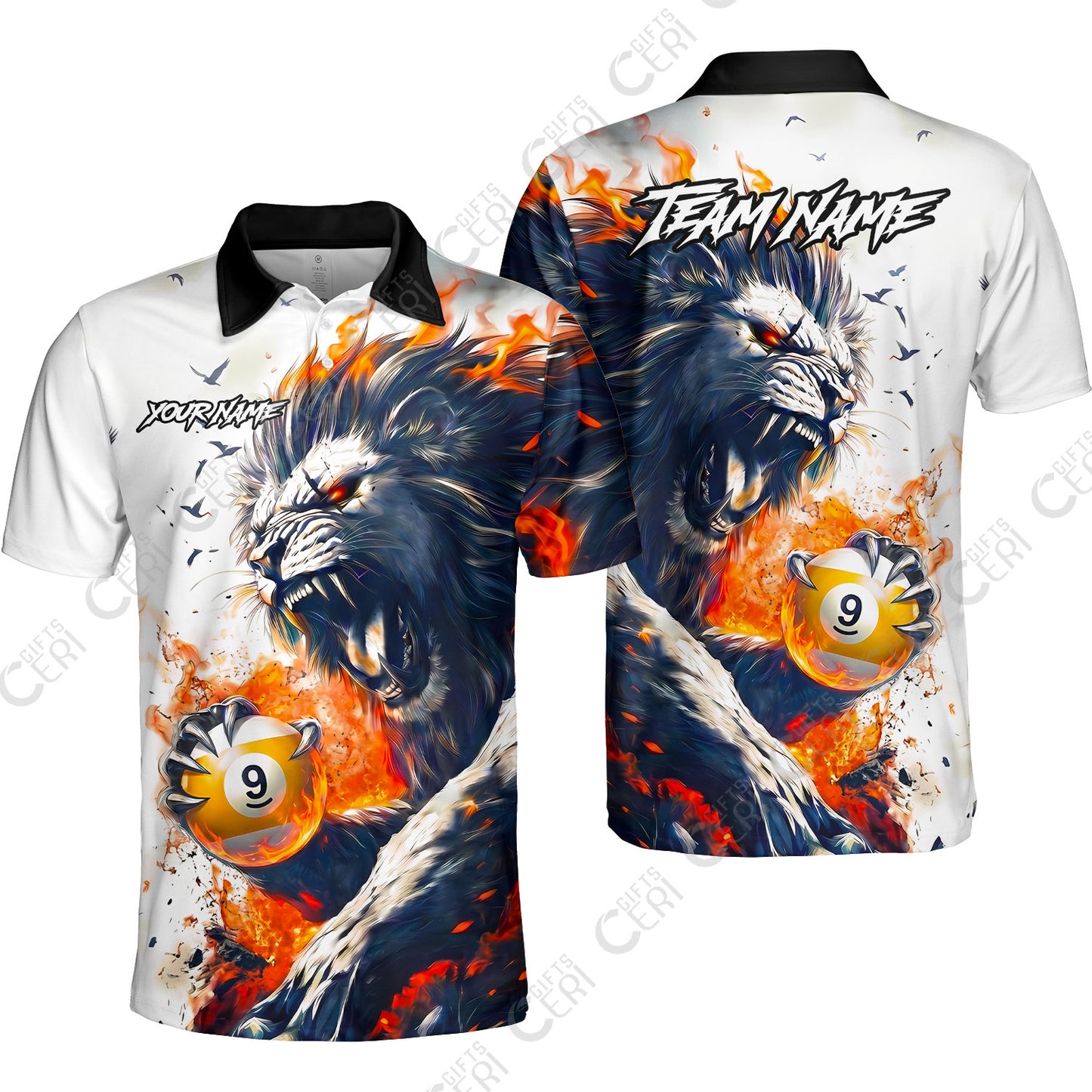 Customized 9 Ball Pool Unisex Polo Shirt, Lion Fire Lava 9-Ball, Personalized Billiards Jersey