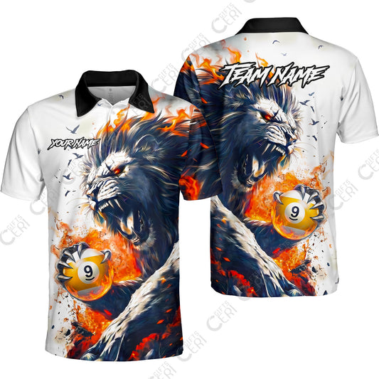 Customized 9 Ball Pool Unisex Polo Shirt, Lion Fire Lava 9-Ball, Personalized Billiards Jersey