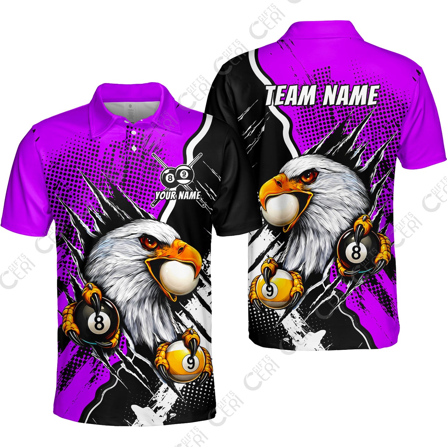 Customized Billiards Unisex Polo Shirt, 8 & 9 Ball Billiard Eagle Comic Dot Halftone Background Color, Billiards Jerseys