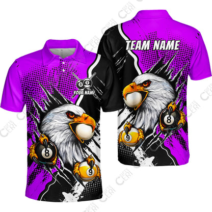 Customized Billiards Unisex Polo Shirt, 8 & 9 Ball Billiard Eagle Comic Dot Halftone Background Color, Billiards Jerseys