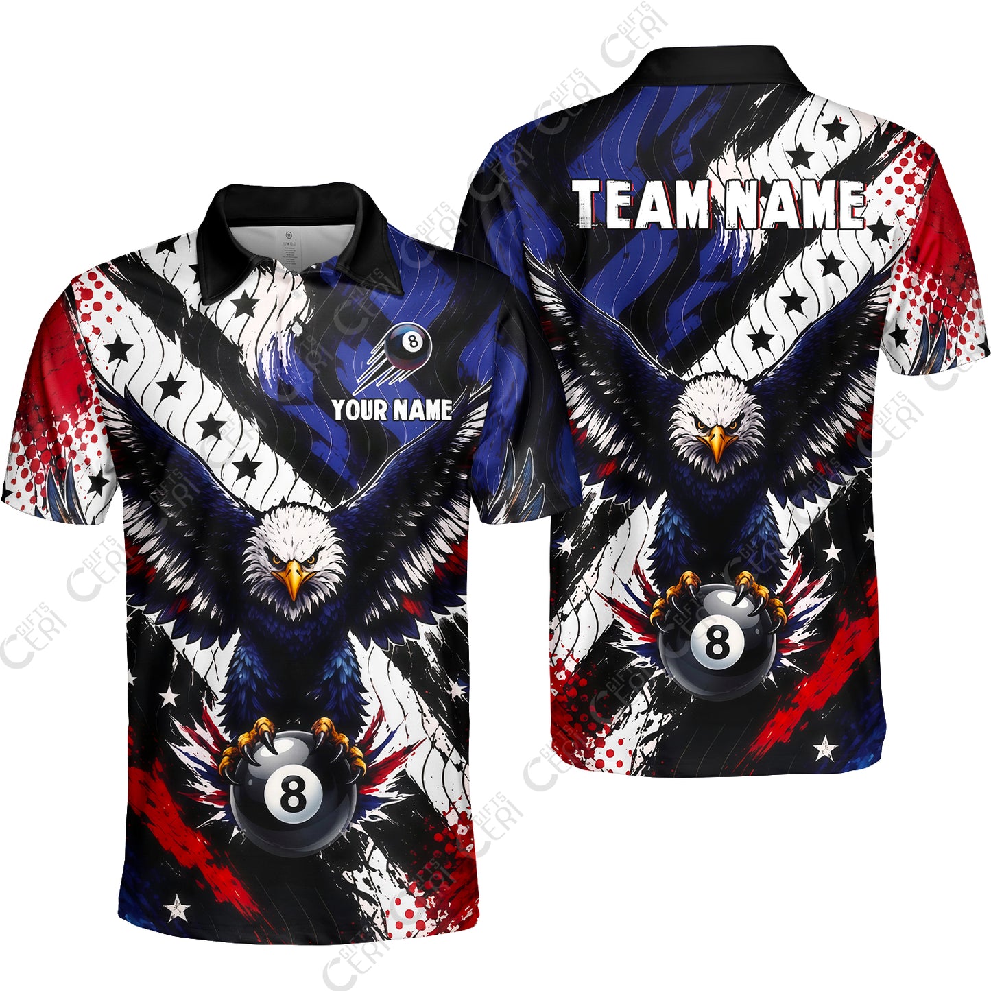 Customized 8 Ball Pool Unisex Polo Shirt, Eagle Holding Ball American Flag 8-ball, Personalized Billiards Jersey