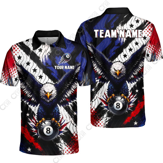 Customized 8 Ball Pool Unisex Polo Shirt, Eagle Holding Ball American Flag 8-ball, Personalized Billiards Jersey