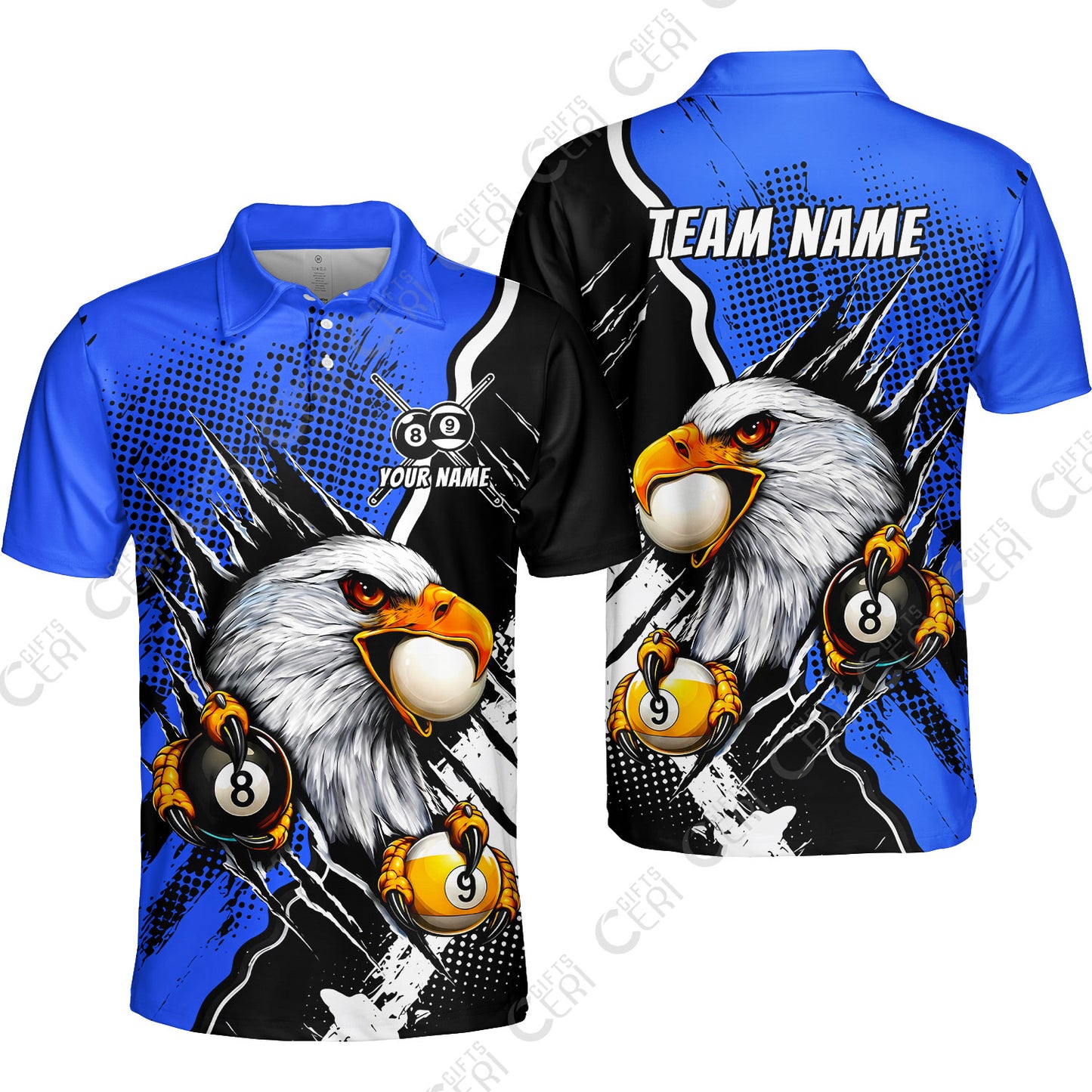 Customized Billiards Unisex Polo Shirt, 8 & 9 Ball Billiard Eagle Comic Dot Halftone Background Color, Billiards Jerseys