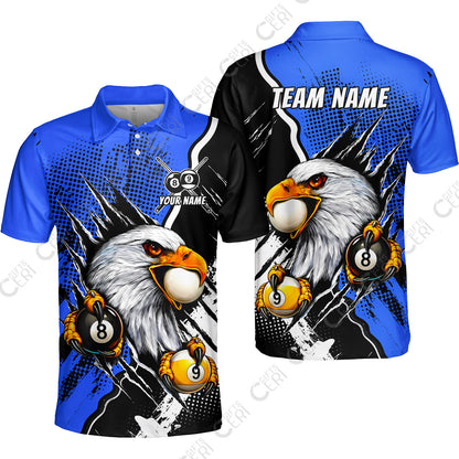 Customized Billiards Unisex Polo Shirt, 8 & 9 Ball Billiard Eagle Comic Dot Halftone Background Color, Billiards Jerseys