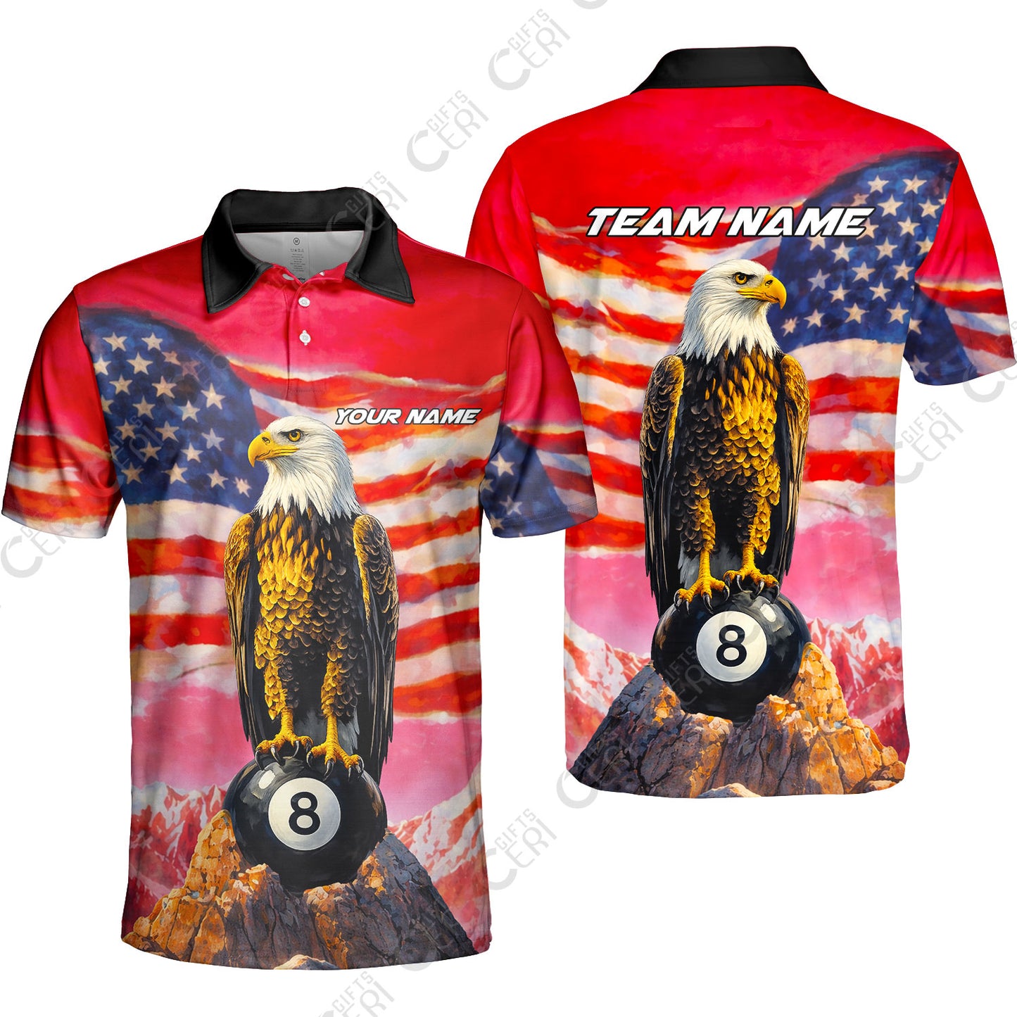 Customized Billiards Unisex Polo Shirt, Personalized American Flag With Eagle 8 Ball Jersey Gift For Billiard Players