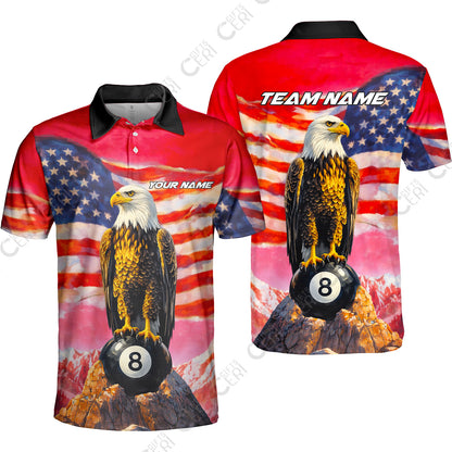 Customized Billiards Unisex Polo Shirt, Personalized American Flag With Eagle 8 Ball Jersey Gift For Billiard Players