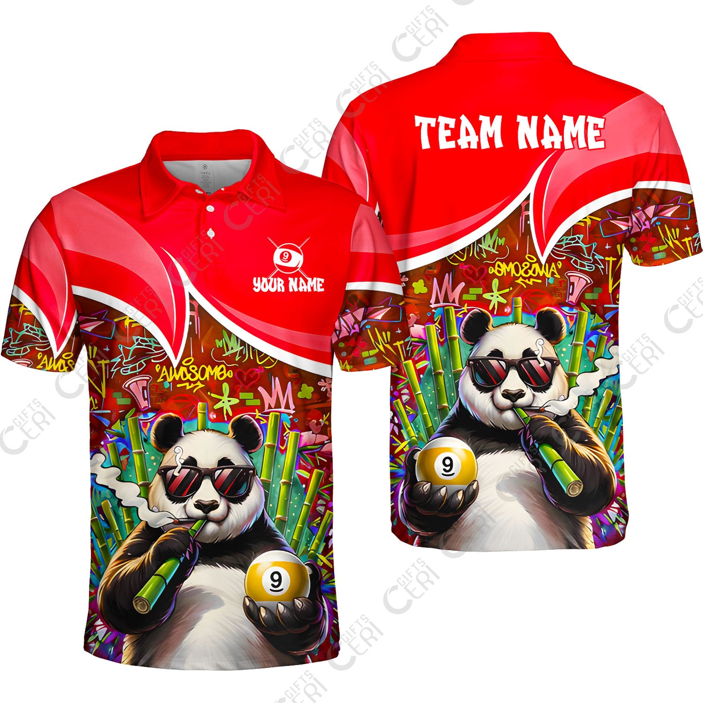 Customized 9 Ball Pool Unisex Polo Shirt, 9-Ball Panda Bamboo Billiards, Billiards Jerseys