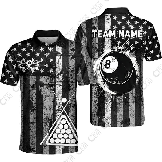 Customized 8 Ball Pool Unisex Polo Shirt, Distressed American Flag Pattern, Billiards Jerseys