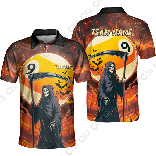 Customized Billiards Unisex Polo Shirt, Halloween Grim Reaper Death Shot 9 Ball Jersey Gift For Billiard Players