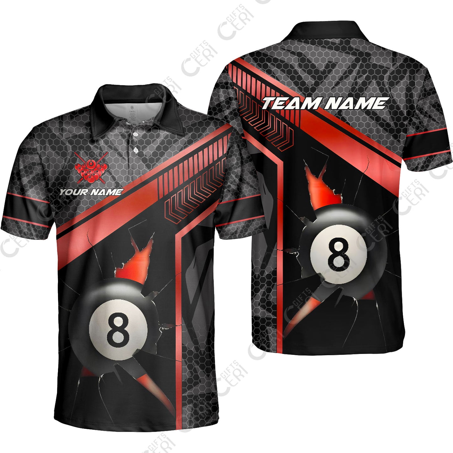 Customized Billiards Unisex Polo Shirt, Personalized Hexagonal Patterns With A Cracked Glass 8 Ball Jersey