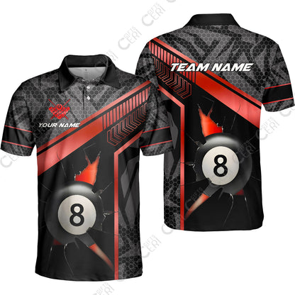 Customized Billiards Unisex Polo Shirt, Personalized Hexagonal Patterns With A Cracked Glass 8 Ball Jersey