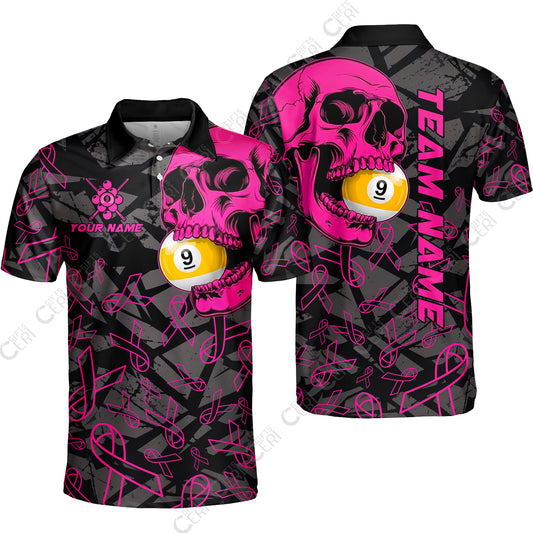 Customized 9 Ball Pool Unisex Polo Shirt, Billiard Pink Skull 9-Ball, Personalized Billiards Jersey