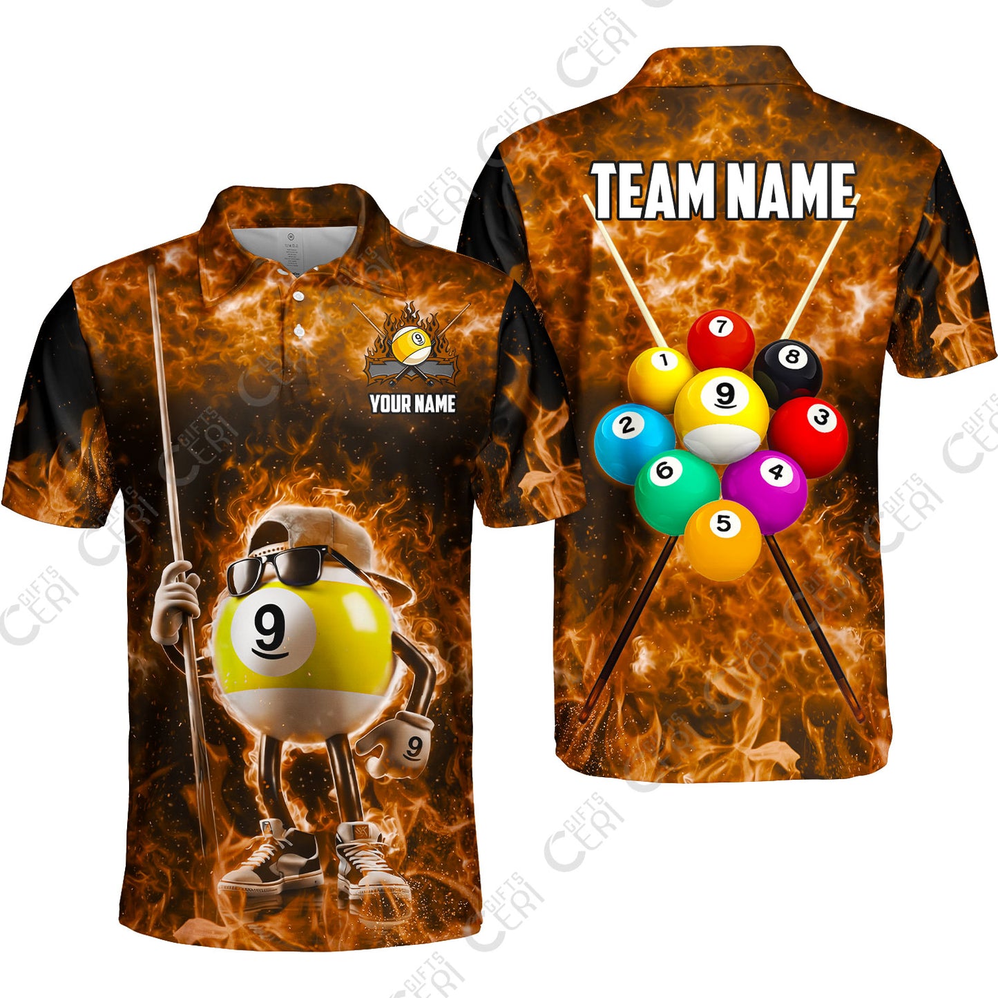 Customized 9 Ball Pool Unisex Polo Shirt, 9-Ball Wearing Cap And Sunglasses Flaming Burn, Billiard Jerseys