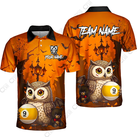 Customized 9 Ball Pool Unisex Polo Shirt, Halloween Owl Holding 9-Ball, Personalized Billiards Jersey
