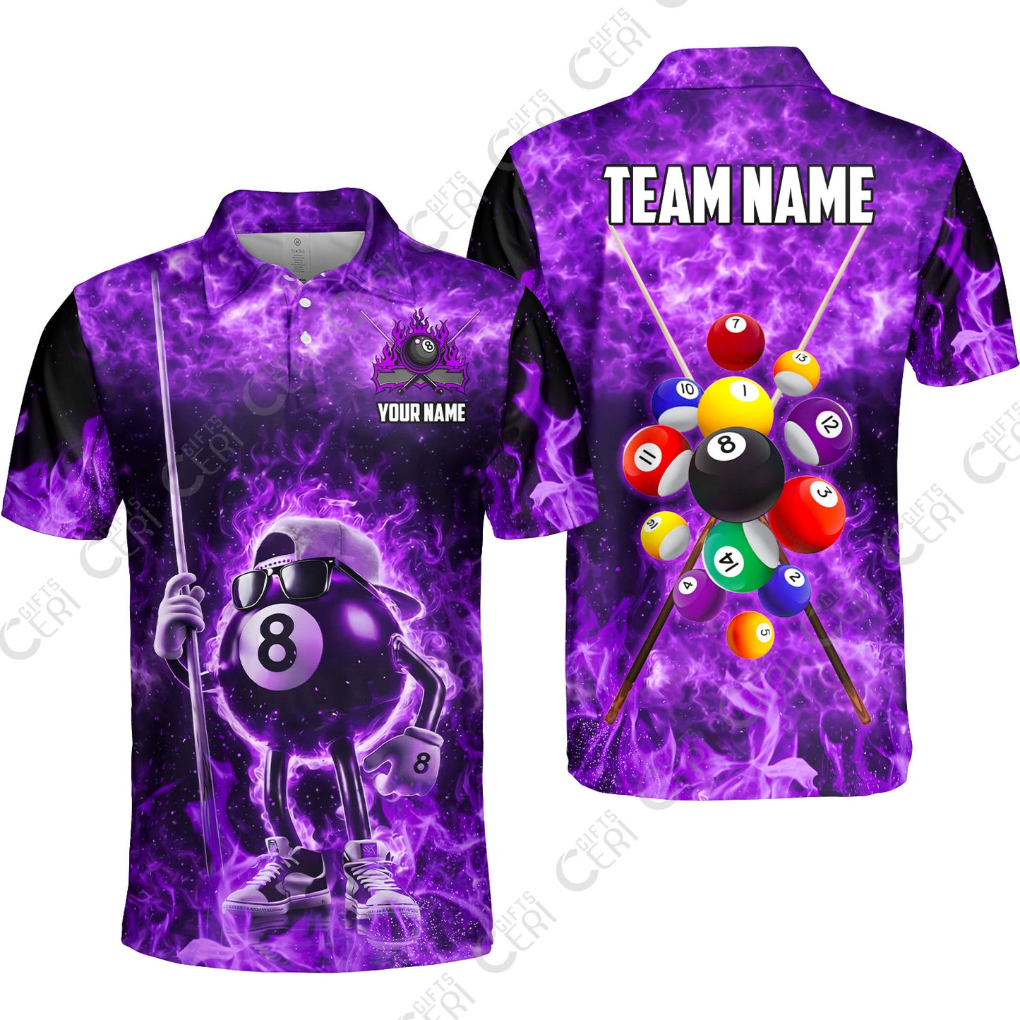Customized 8 Ball Pool Unisex Polo Shirt, 8-Ball Wearing Cap And Sunglasses Flaming Burn, Billiard Jerseys
