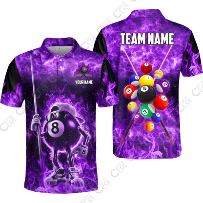 Customized 8 Ball Pool Unisex Polo Shirt, 8-Ball Wearing Cap And Sunglasses Flaming Burn, Billiard Jerseys