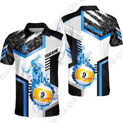 Customized 9 Ball Pool Unisex Polo Shirt, Flaming 9-Ball Graphic, Billiards Jersey