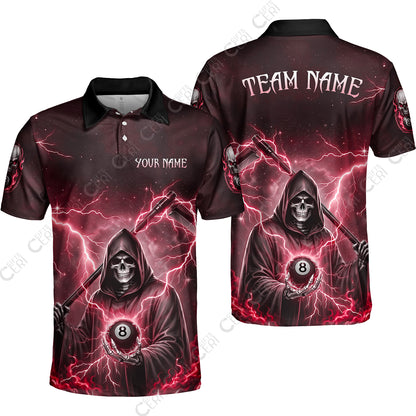 Customized 8 Ball Pool Unisex Polo Shirt, Lightning And Flame Grim Reaper With 8 Ball, Personalized Billiards Jersey