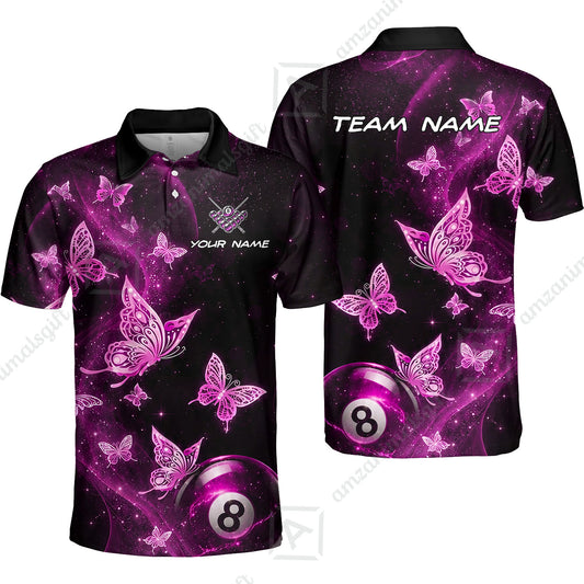 Customized 8 Ball Pool Unisex Polo Shirt, Galaxy And Butterflies, Personalized Billiards Jersey