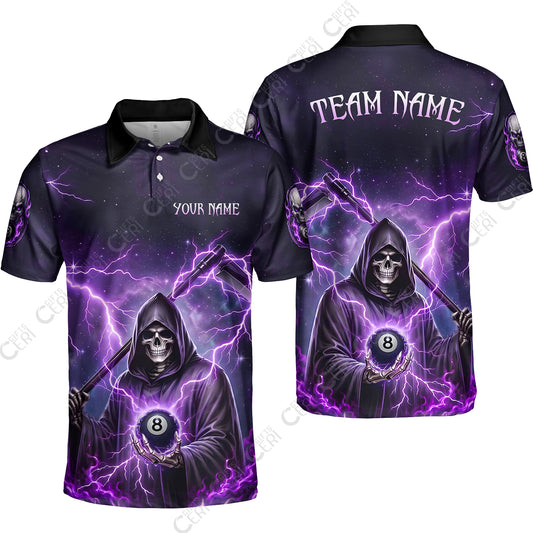Customized 8 Ball Pool Unisex Polo Shirt, Lightning And Flame Grim Reaper With 8 Ball, Personalized Billiards Jersey