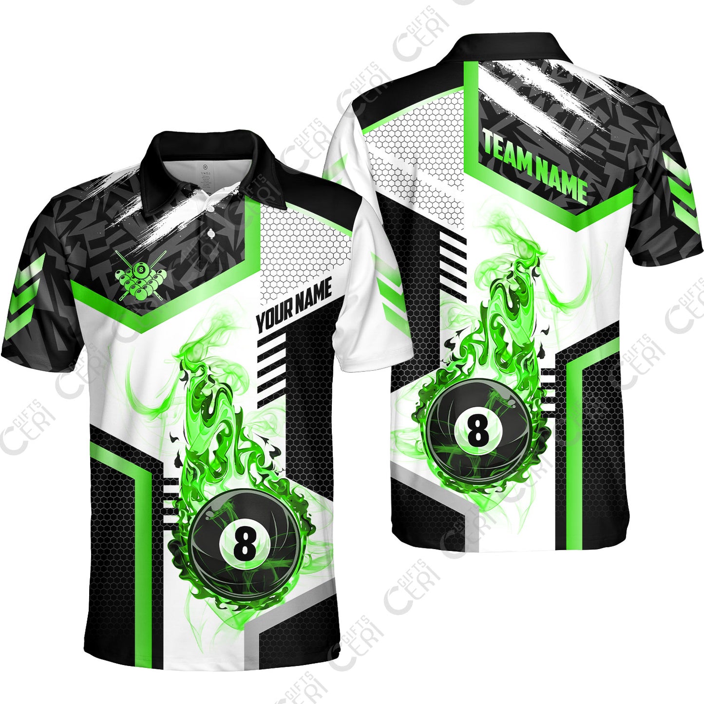 Customized Billiards Unisex Polo Shirt, Flaming 8-Ball Graphic, 8 Ball Pool Jersey
