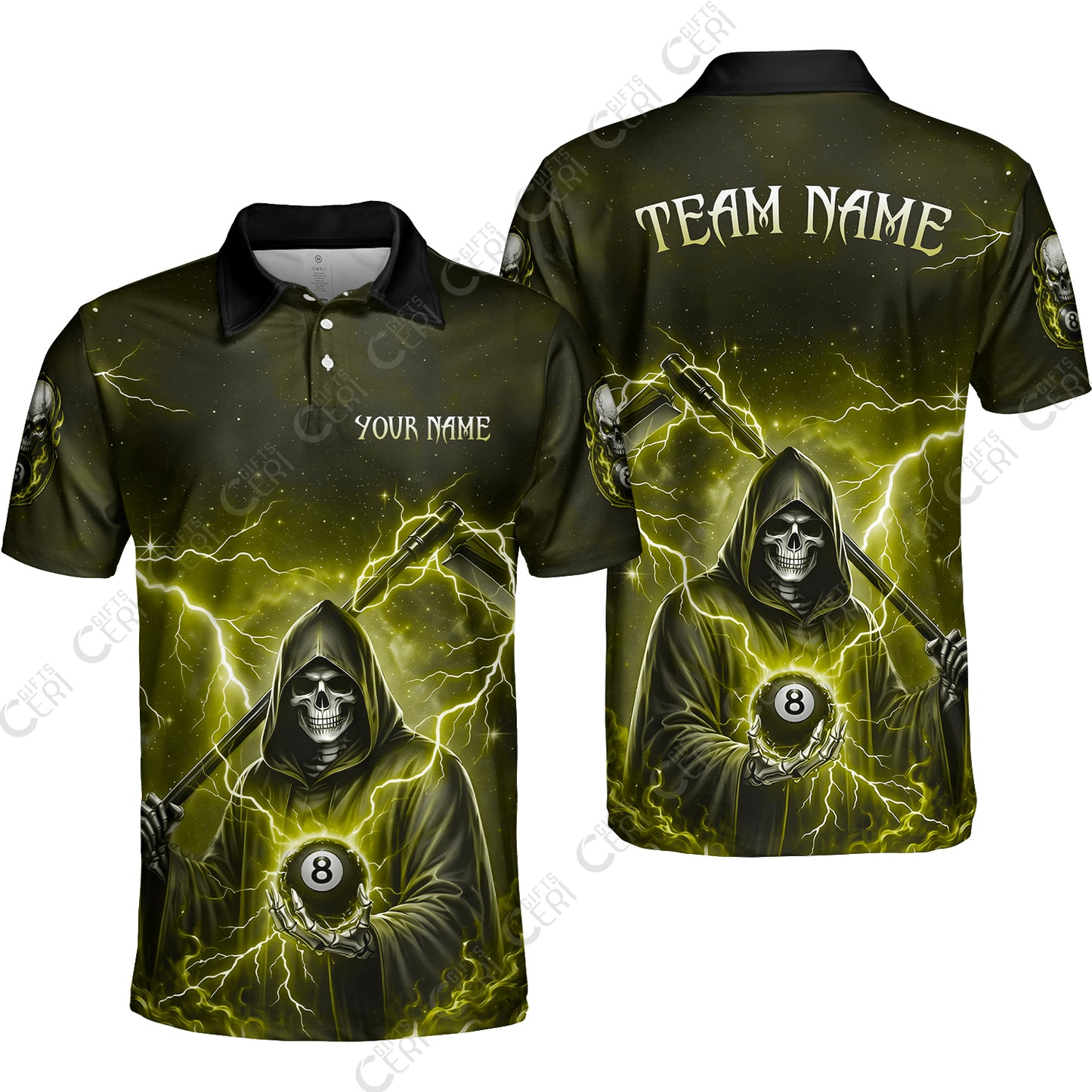 Customized 8 Ball Pool Unisex Polo Shirt, Lightning And Flame Grim Reaper With 8 Ball, Personalized Billiards Jersey