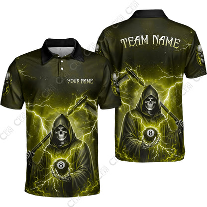 Customized 8 Ball Pool Unisex Polo Shirt, Lightning And Flame Grim Reaper With 8 Ball, Personalized Billiards Jersey
