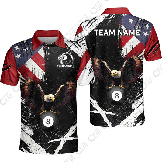 Customized 8 Ball Pool Unisex Polo Shirt, Eagle Billiard American Flag 8-ball, Personalized Billiards Jersey
