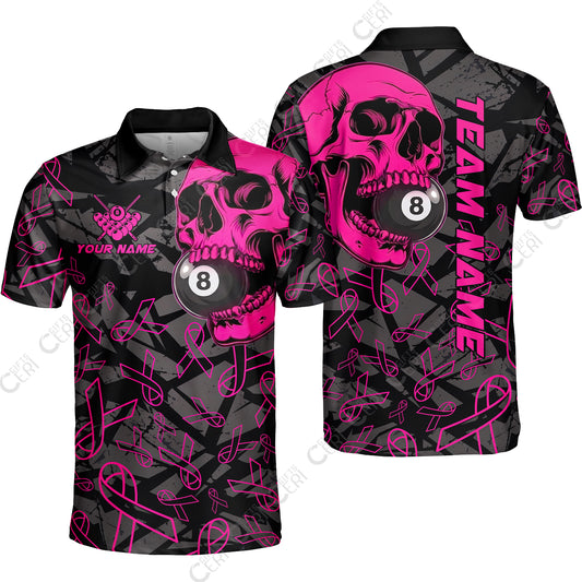 Customized 8 Ball Pool Unisex Polo Shirt, Billiard Pink Skull, Personalized Billiards Jersey