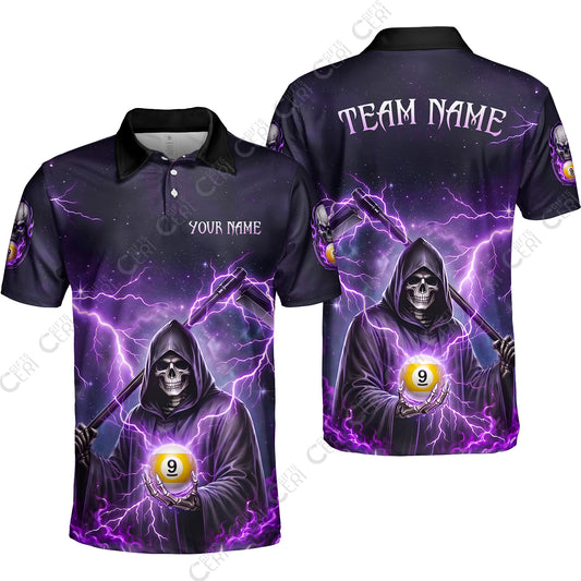 Customized 9 Ball Pool Unisex Polo Shirt, Lightning And Flame Grim Reaper With 9 Ball, Personalized Billiards Jersey